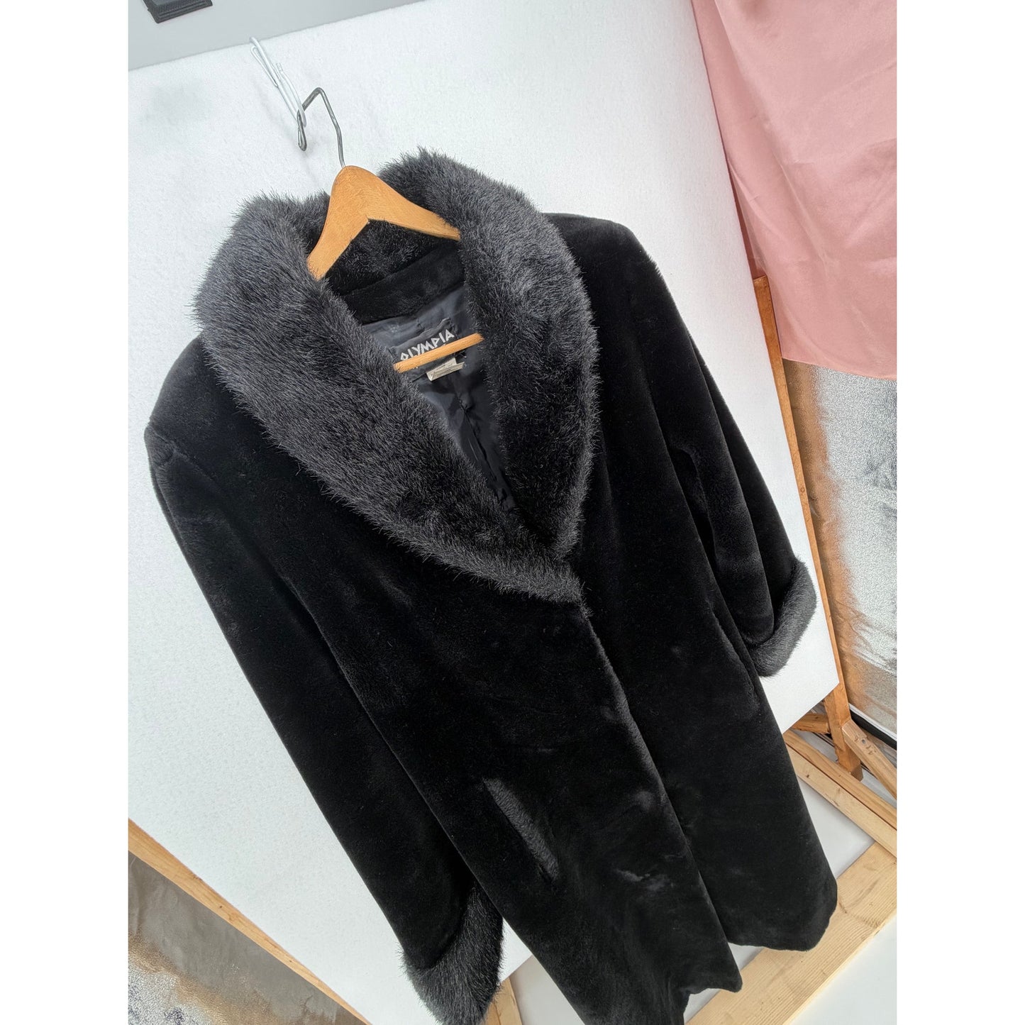 Olympia Limited Inc Black Faux Fur Long Coat Pockets Fully Lined 3 Clasp Closure L