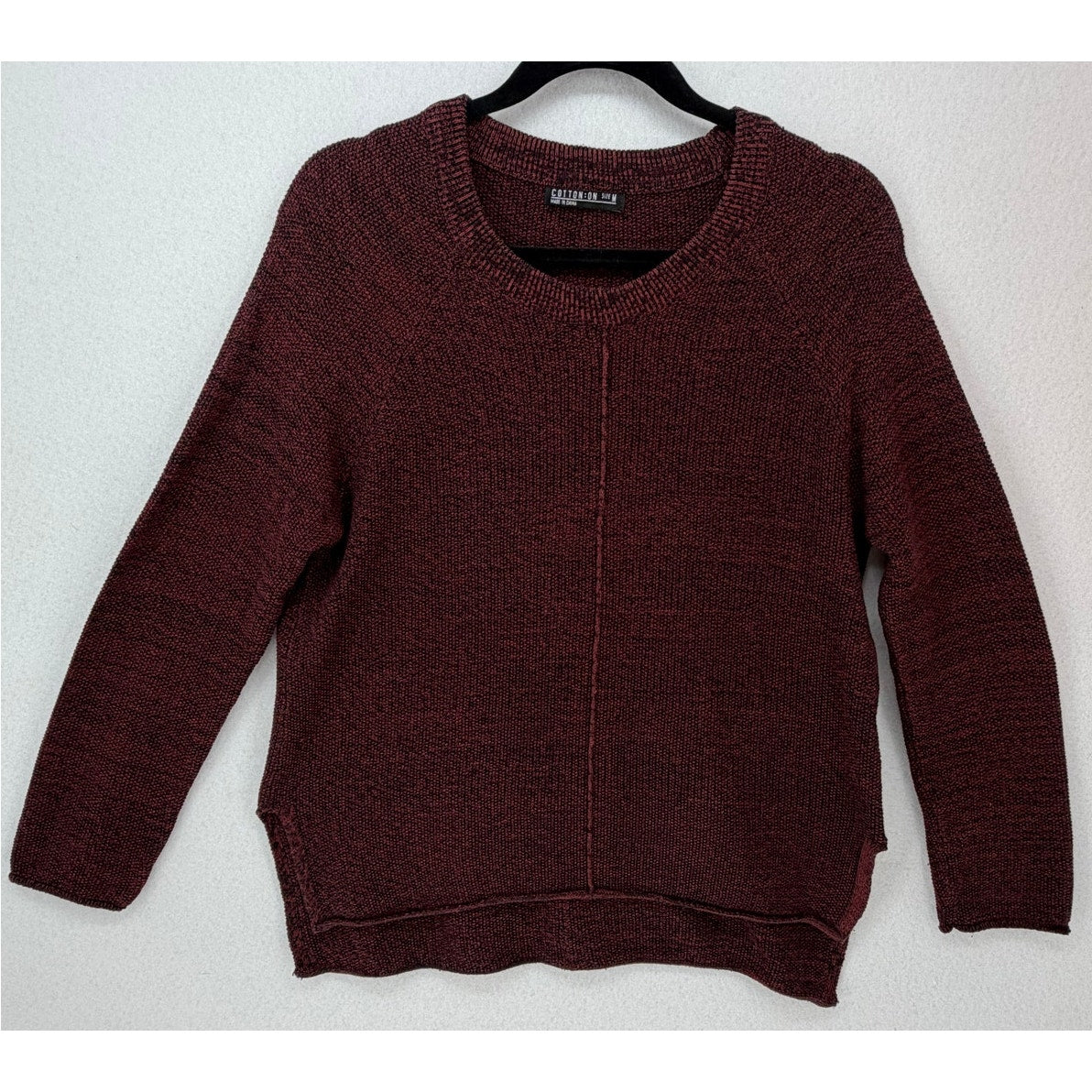 Cotton : On Burgundy Black Exposed Seam Hi Low Raglan Long Sleeve Sweater M