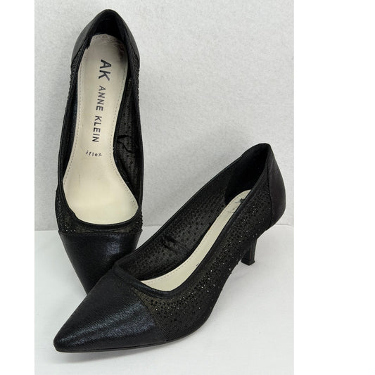Anne Klein Akfadira Black Pointed Toe Kitten Rhinestone Dress Heels 8.5