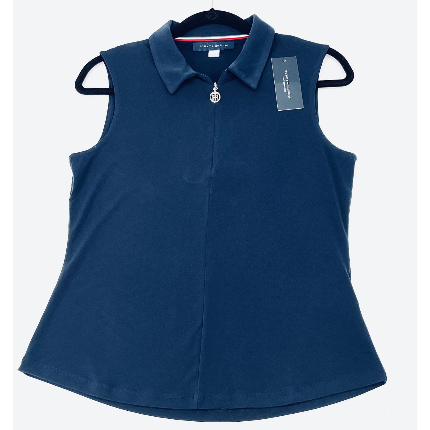 Tommy Hilfiger Navy Half-Zip Sleeveless Nautical Silver Accent Blouse NWT S