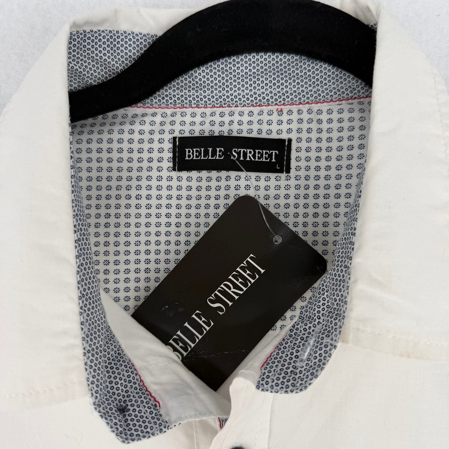 Belle Street White Blue Dot Pattern Button Up Short Sleeve Casual Shirt L NWT