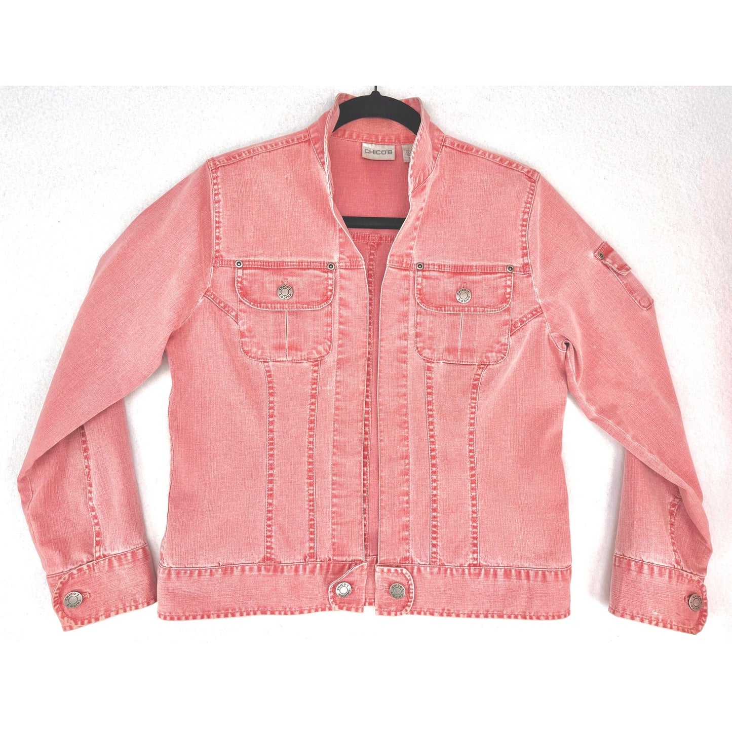 Chico's Red Coral Wash Stretch Open Front Jean Denim Trucker Jacket 0
