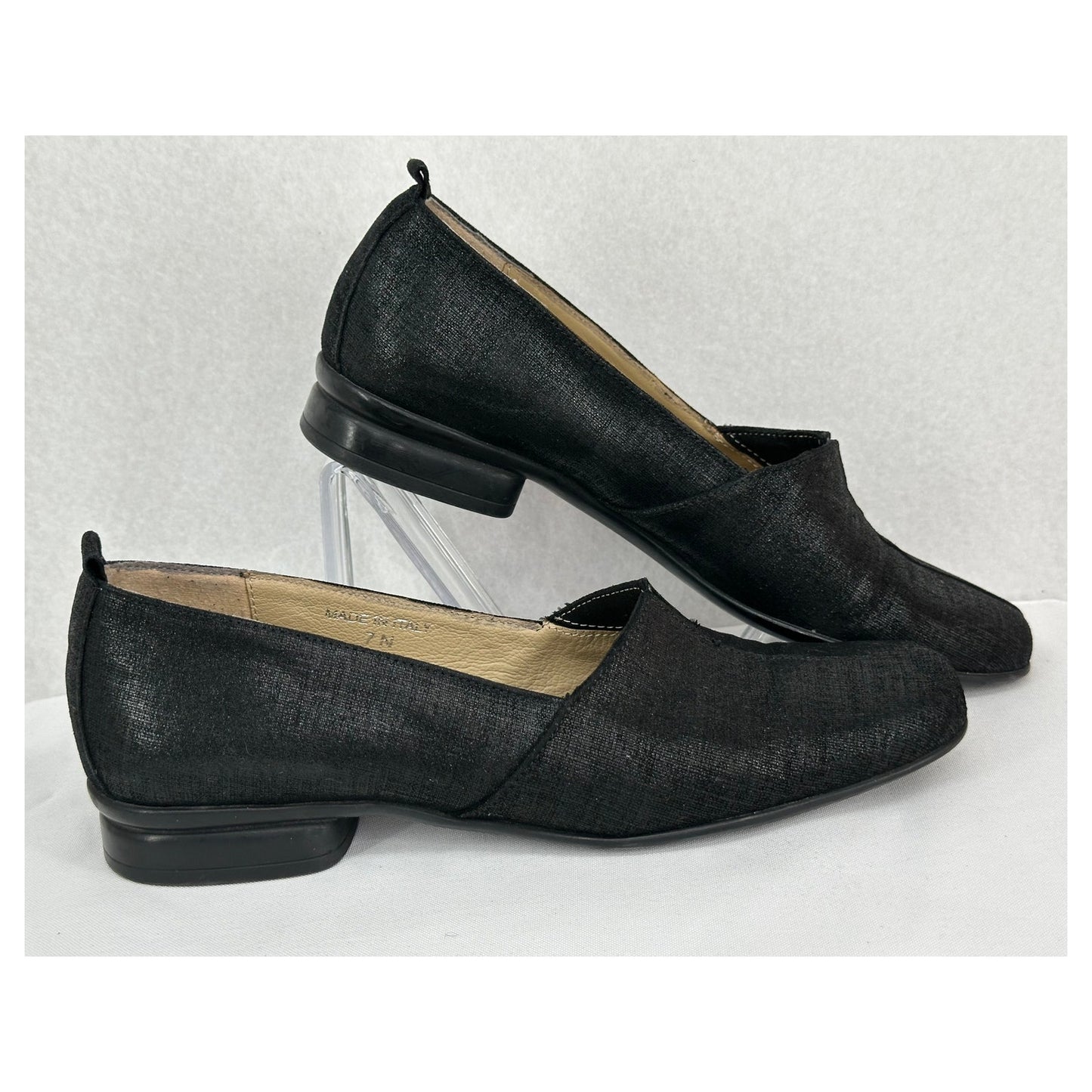 Sesto Meucci Italian Designer Black Shimmer Mini-Heel Slip On Loafers 7N