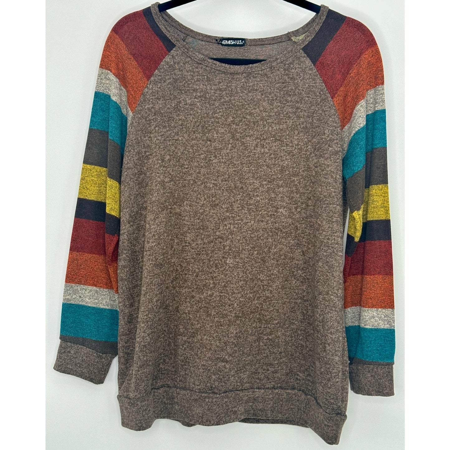 Heimish USA Striped Sleeve Henley Brown Lightweight Sweater Tunic Top M