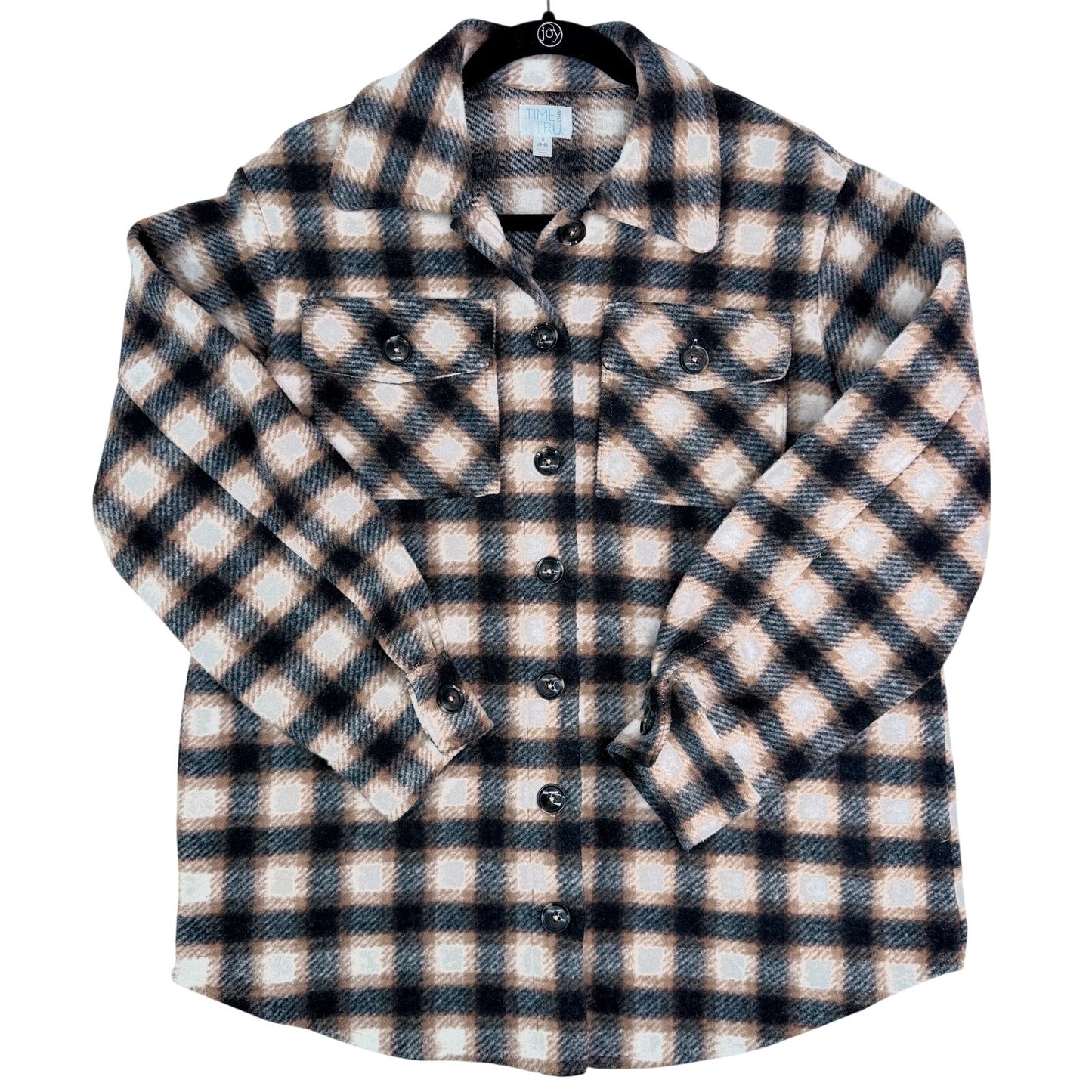 Time and Tru Brown Black Cream Oversized Thick Plaid Shacket Jacket  S (4-6)