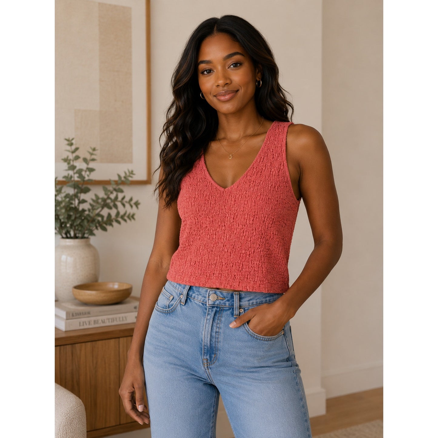 A New Day Coral V Neck, Sleeveless, Textured, Tank Top Women's M