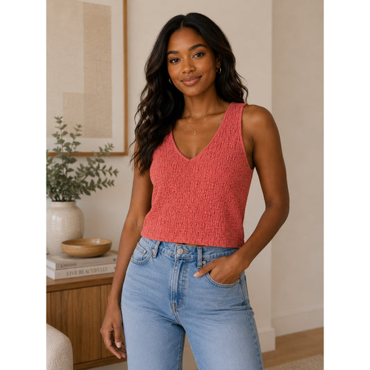 A New Day Coral V Neck, Sleeveless, Textured, Tank Top Women's M