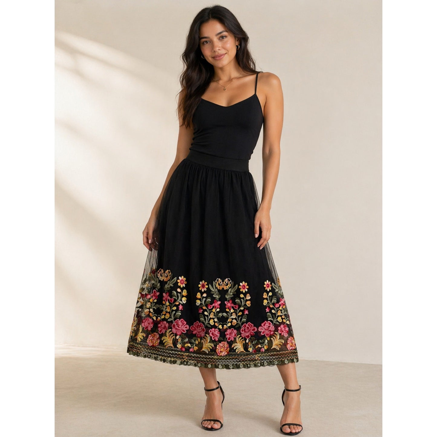Magic Black Skirt w/ Lace Tulle Embroidered Floral Ethereal Goth Spring Event M
