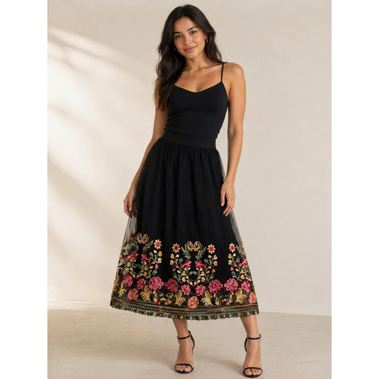 Magic Black Skirt w/ Lace Tulle Embroidered Floral Ethereal Goth Spring Event M