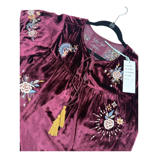 Kyla Seo Isla Embroidered Dress Oxblood Burgundy Boho Festival  Velvet NWT S