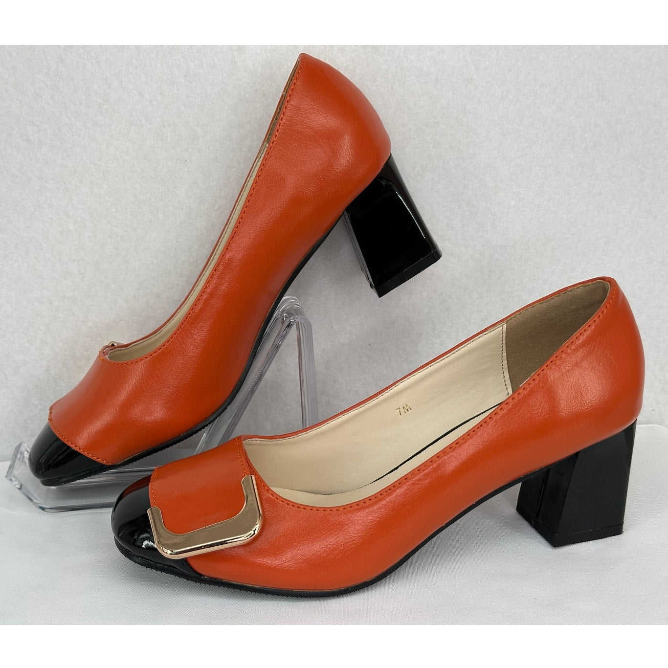 Ann Creek NWOT Angela Orange Black Square Toe Chunky Heel Pumps 7M