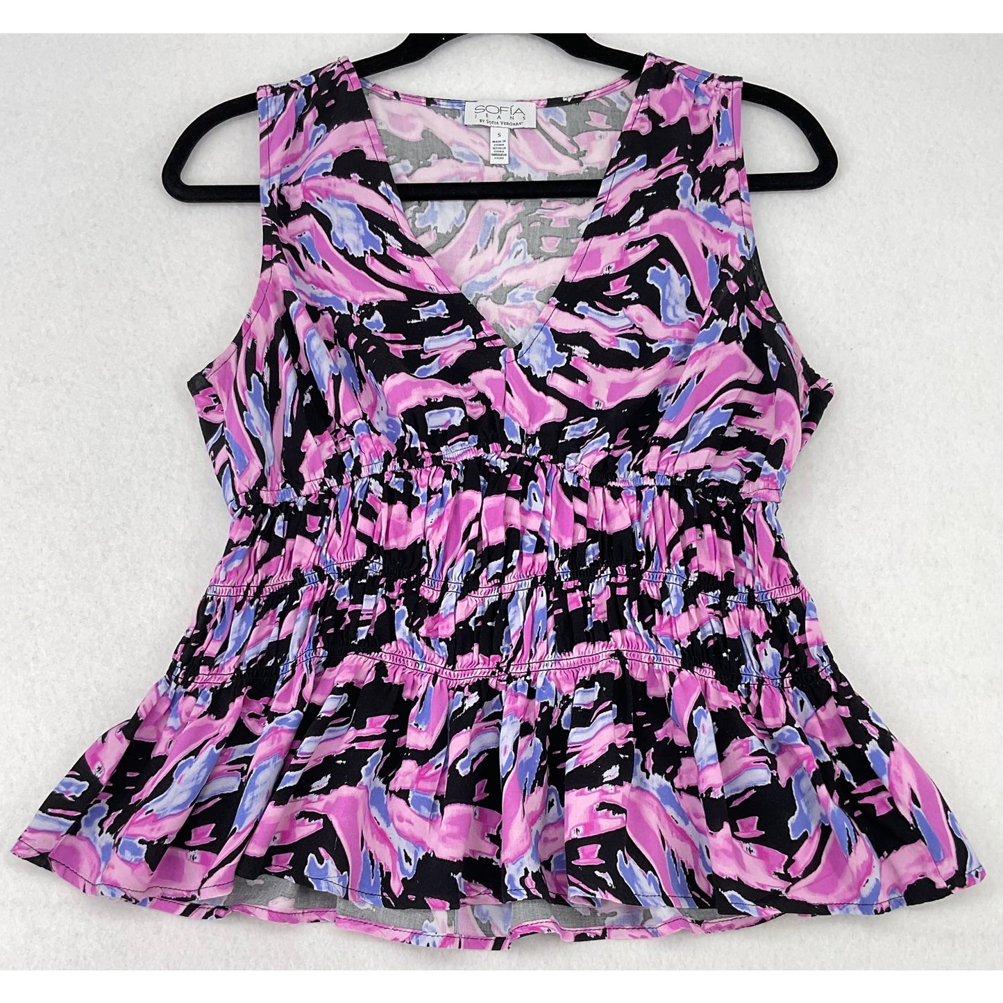 Sofia Jeans Black Pink Purple Print Smocked Waist Peplum Sleeveless Top S