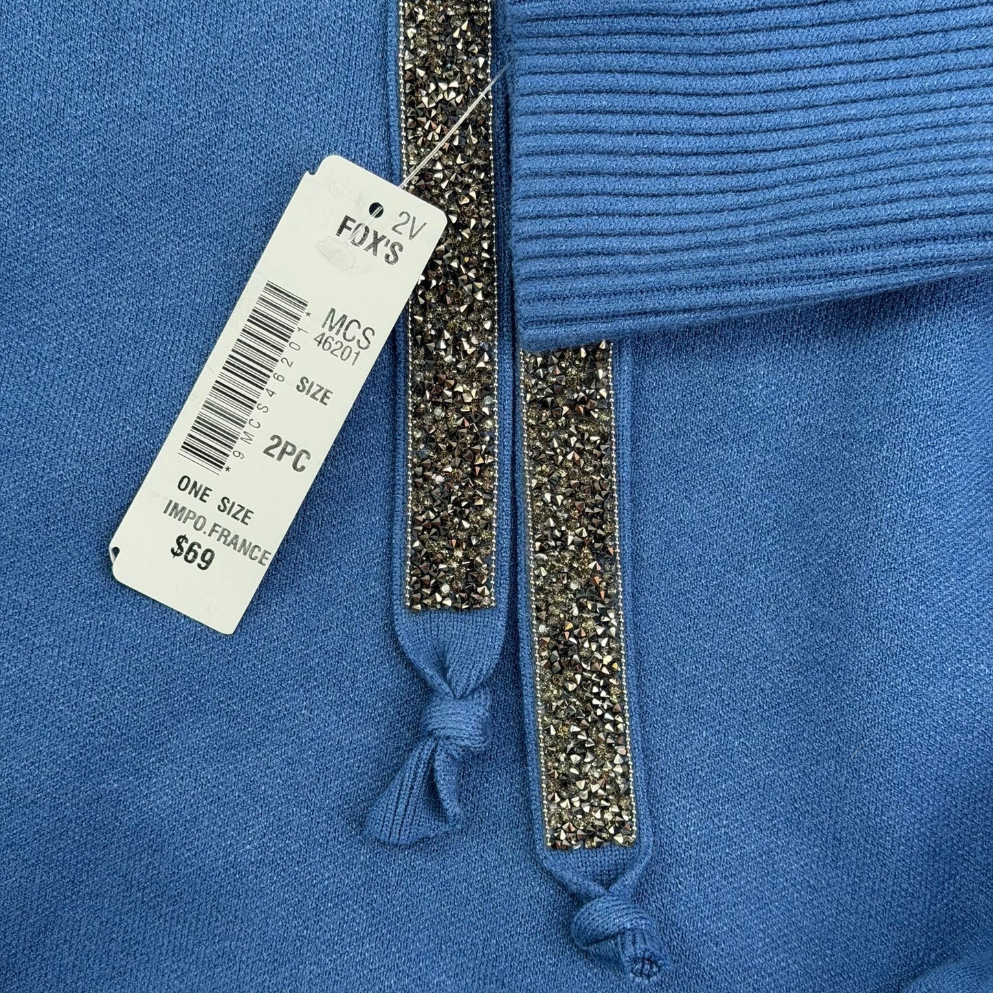 Bluoltre Blue Hooded Knit Top with Embellished Ties NWT