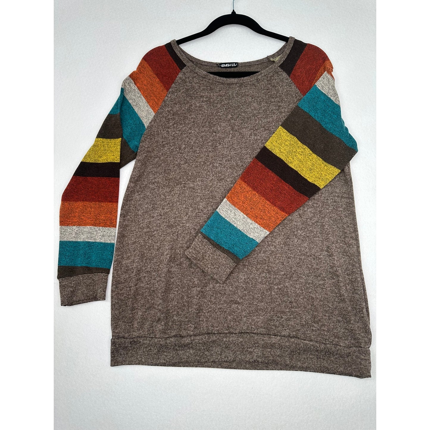 Heimish USA Striped Sleeve Henley Brown Lightweight Sweater Tunic Top M