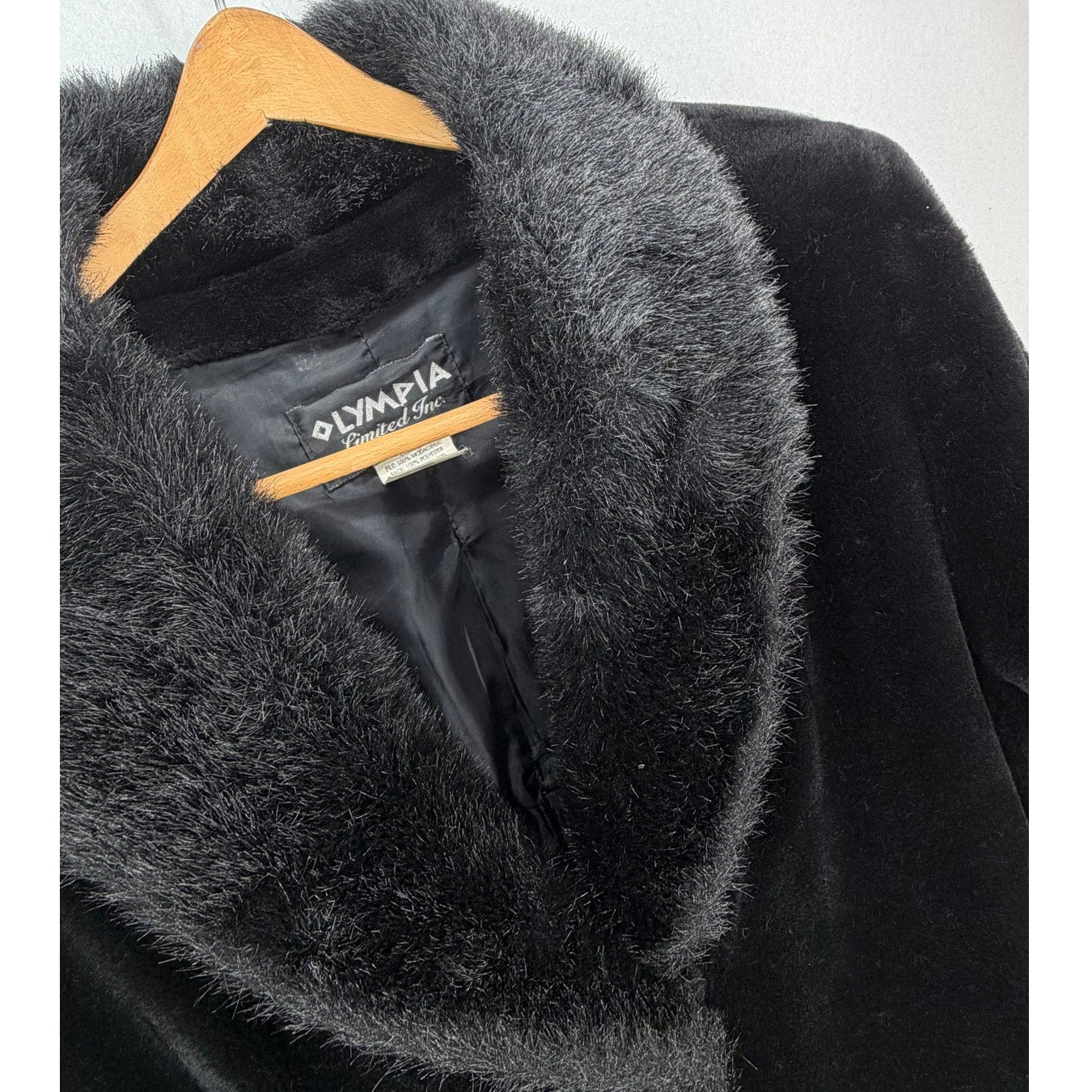 Olympia Limited Inc Black Faux Fur Long Coat Pockets Fully Lined 3 Clasp Closure L