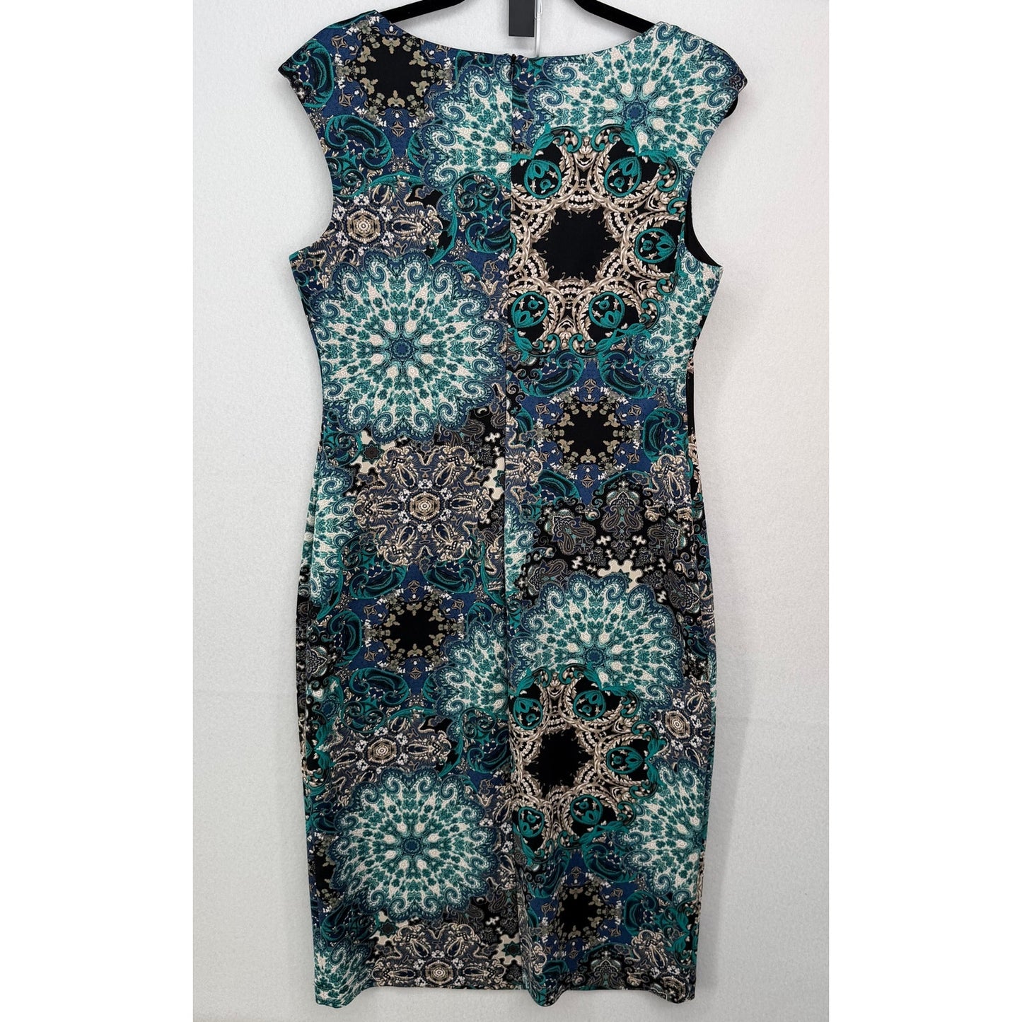 Connected Apparel Teal Black Cream Print Sleeveless Midi Length Dress 12