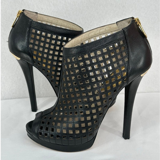 Michael Kors Black Gold Graham Peep Toe Perforated Leather 5" Heel Bootie 8M