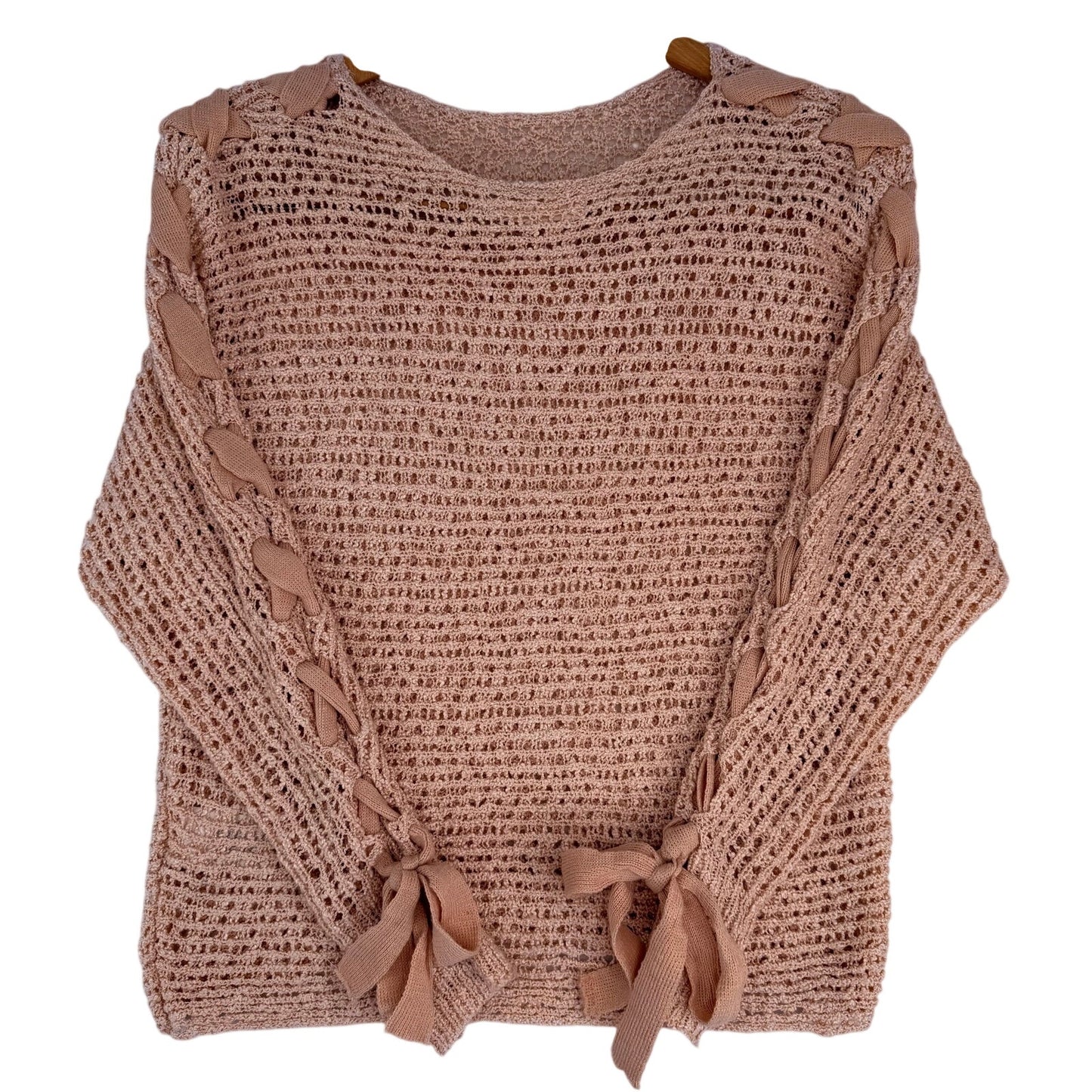 Rewind Pink Peach Loose Knit Tie Accent Long Sleeve Sweater S