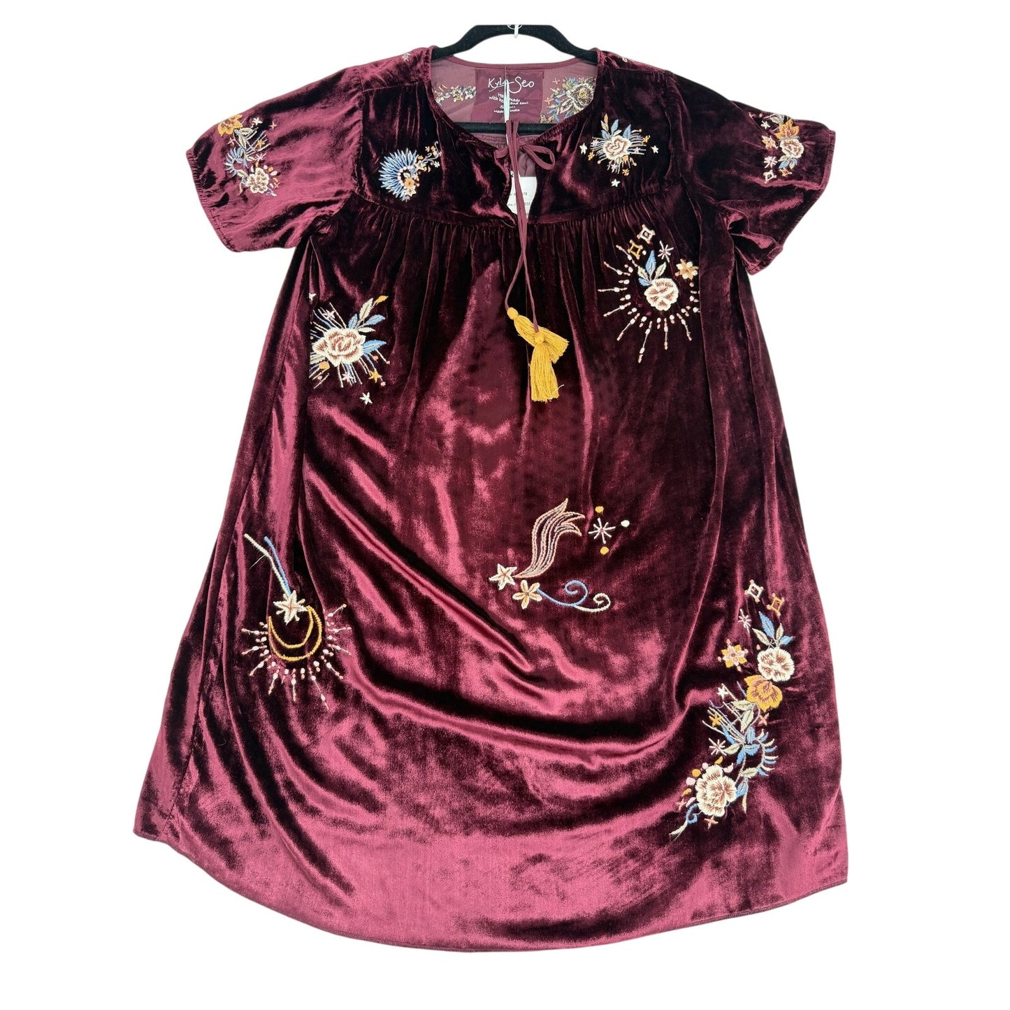 Kyla Seo Isla Embroidered Dress Oxblood Burgundy Boho Festival  Velvet NWT S