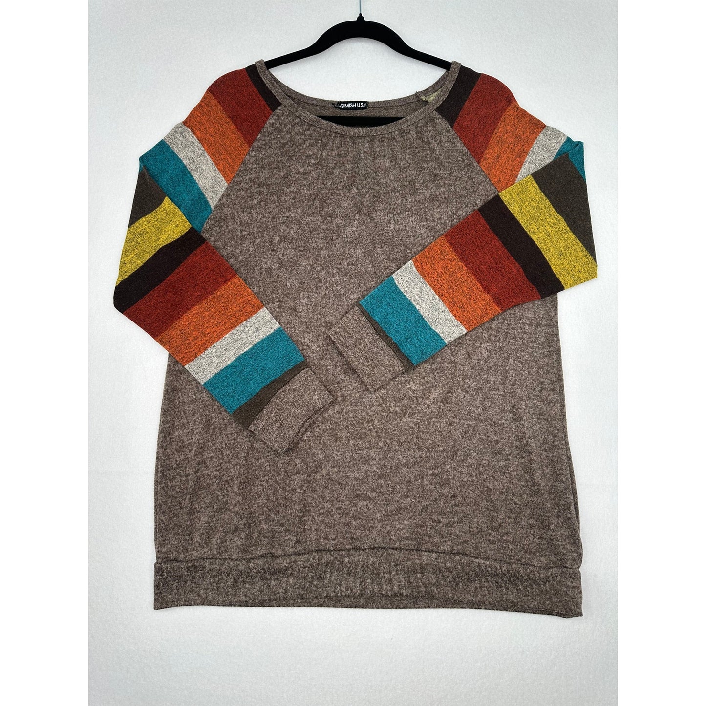 Heimish USA Striped Sleeve Henley Brown Lightweight Sweater Tunic Top M