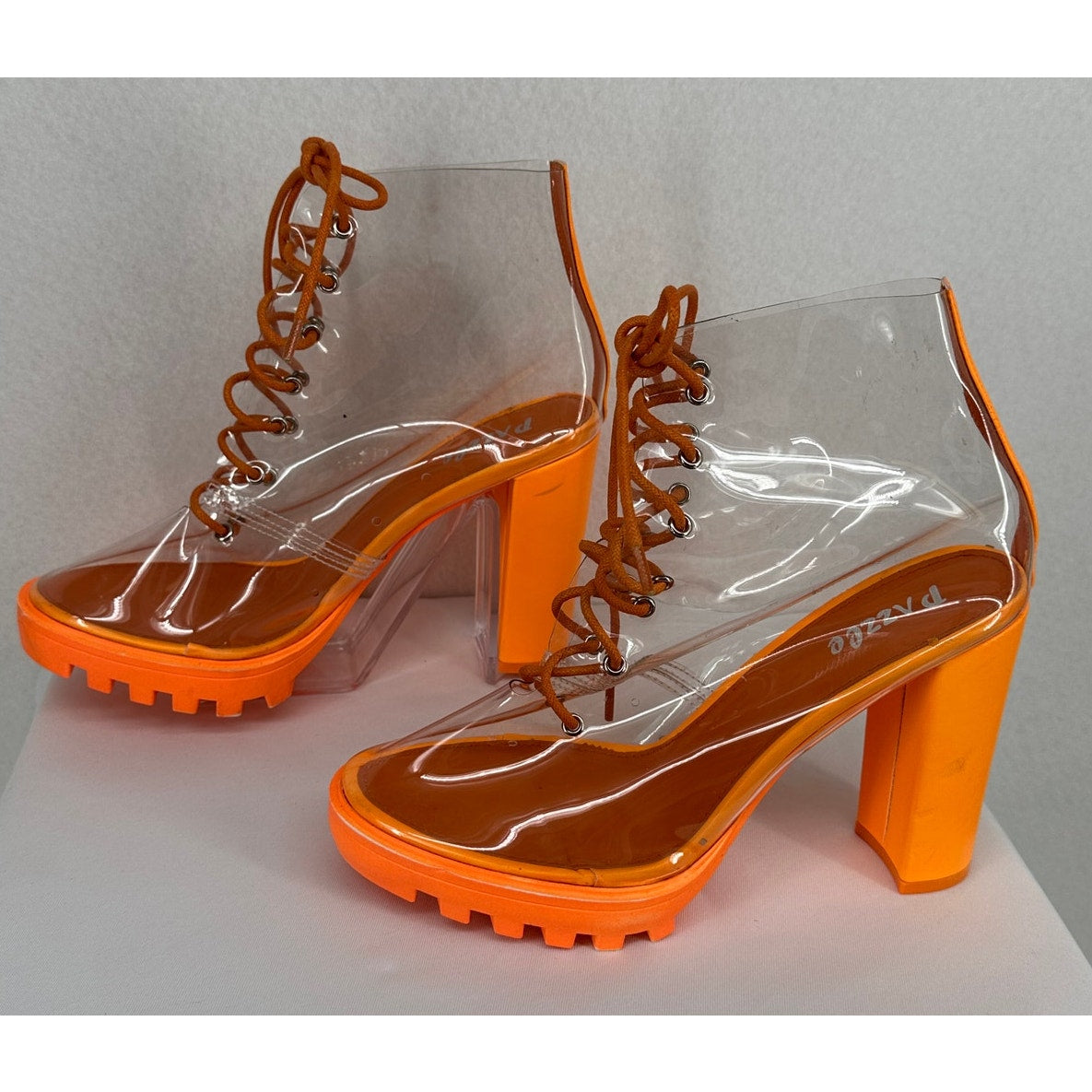Pazzle Clear Lace Up Chunky Lug Neon Orange Sole Boots 9