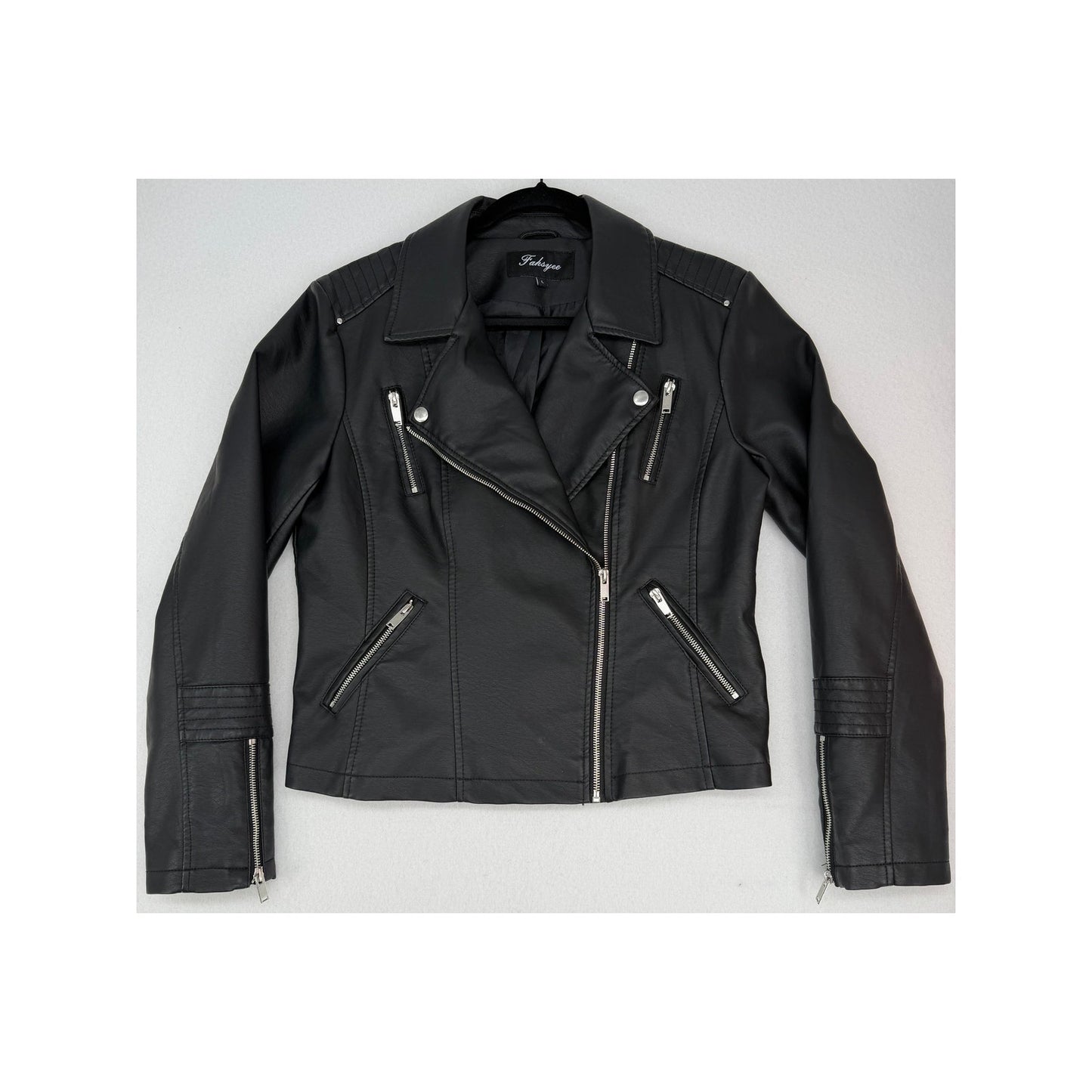 Fahsyee Black Vegan Leather Moto Biker Jacket Roses and Till Death L