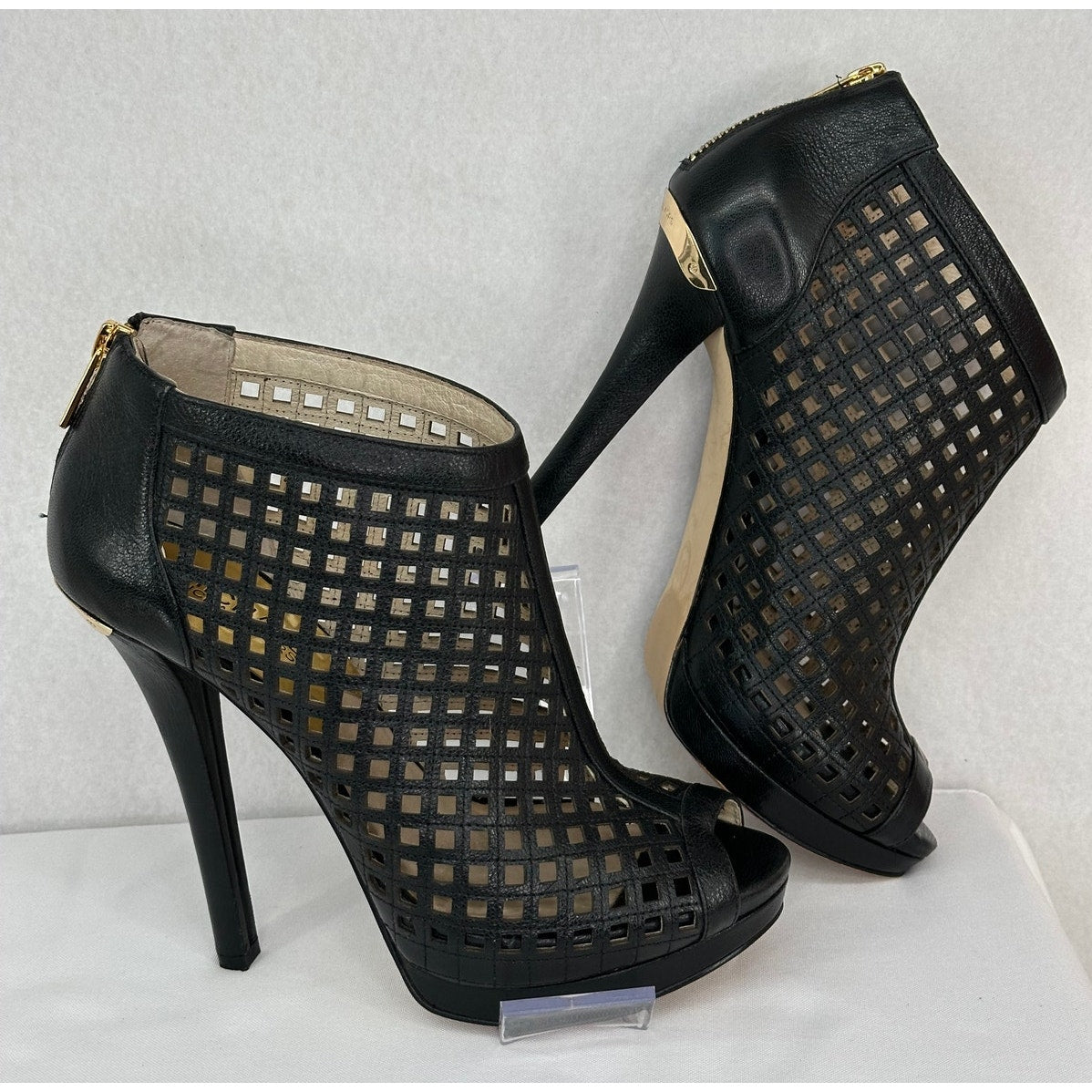 Michael Kors Black Gold Graham Peep Toe Perforated Leather 5" Heel Bootie 8M