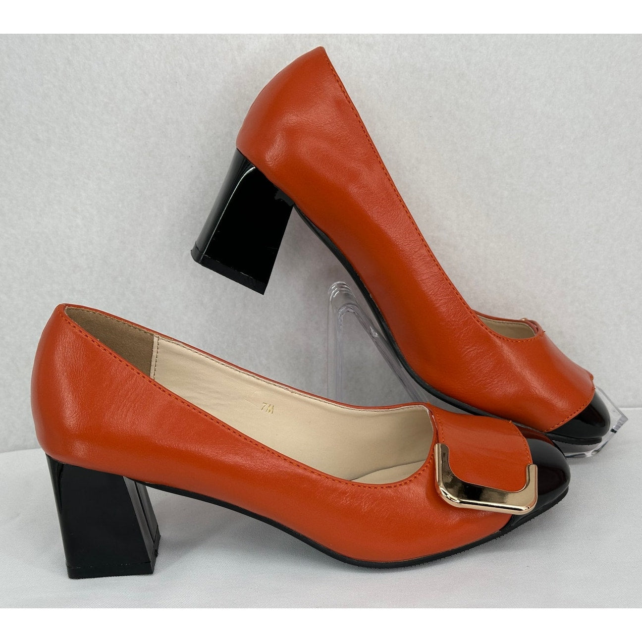 Ann Creek NWOT Angela Orange Black Square Toe Chunky Heel Pumps 7M