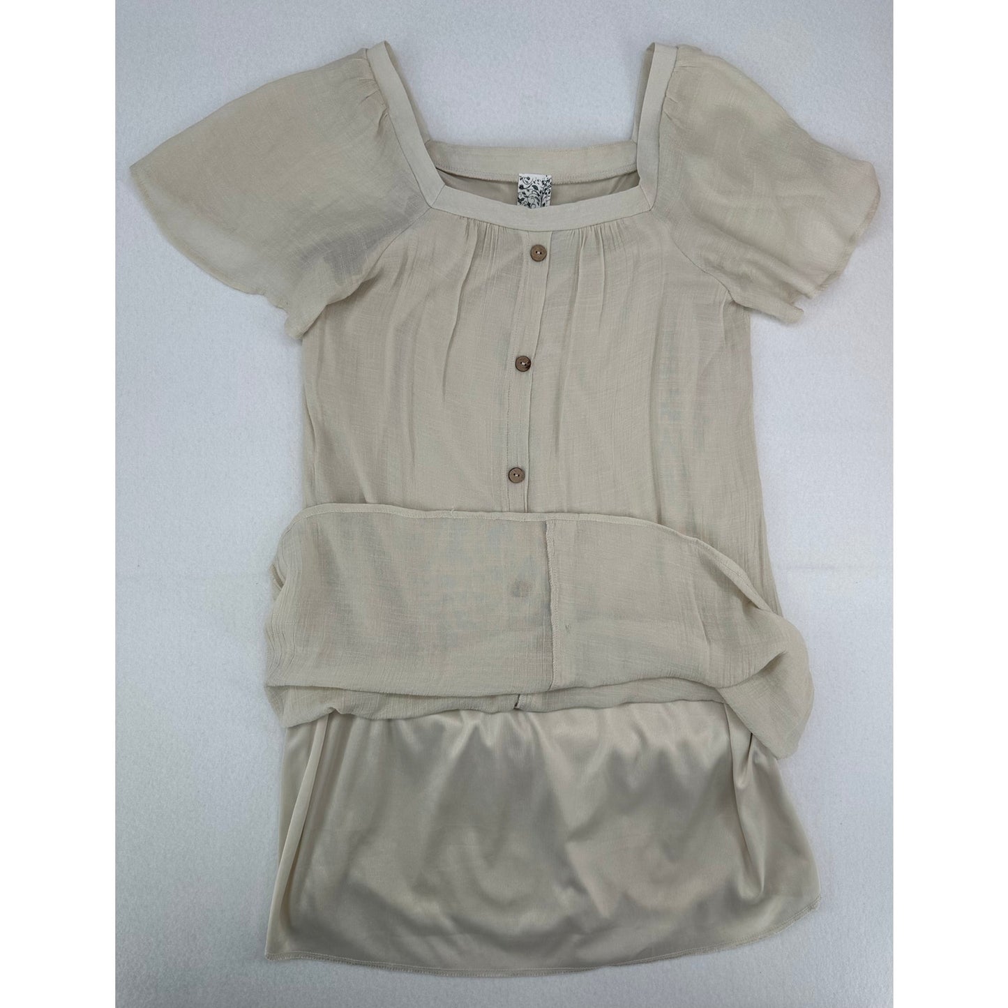 naif Cream Lined Gauze Dress with Button Down Front Short Sleeve L
