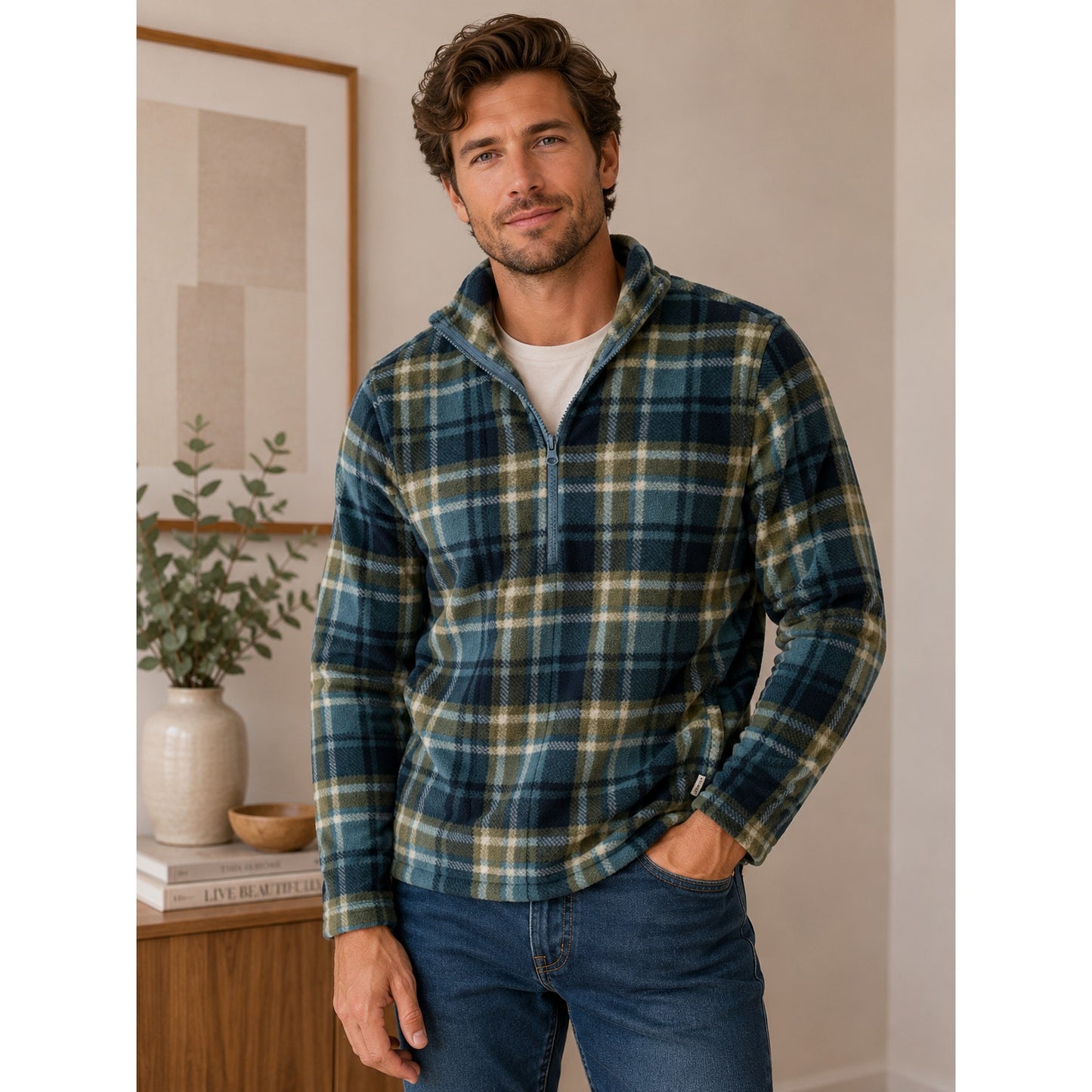 O'Neill Blue Plaid Quarter Zip Hoodie w/ Front Pockets, Men's L