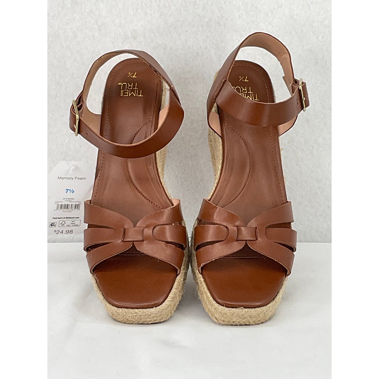 Time and Tru Cognac Espadrilles Ankle Strap Memory Foam Wedges NWT 7.5