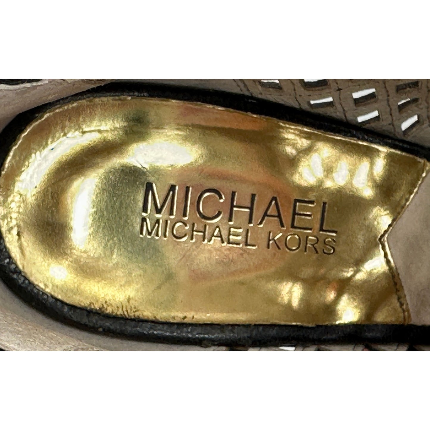 Michael Kors Black Gold Graham Peep Toe Perforated Leather 5" Heel Bootie 8M