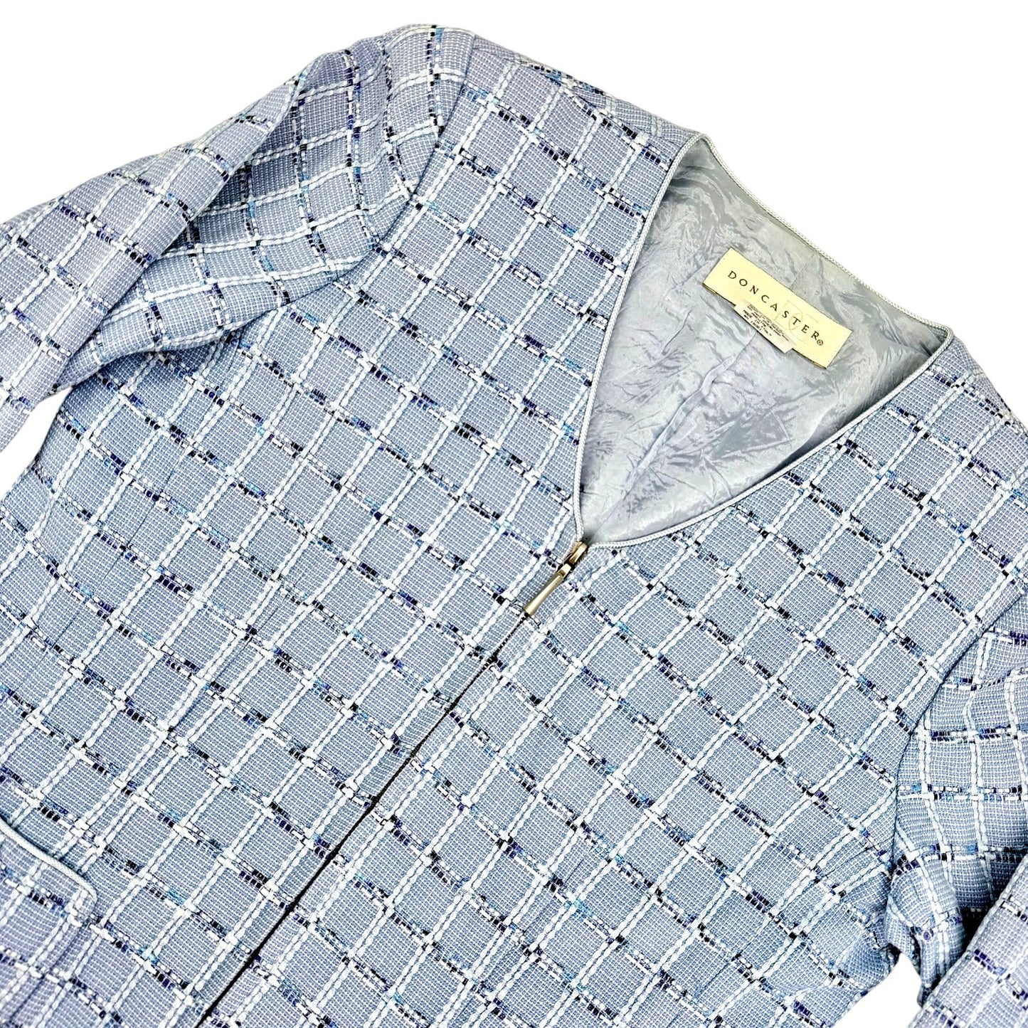 Doncaster Vintage Light Blue Tweed Plaid Business Summer Party Pattern Jacket 8