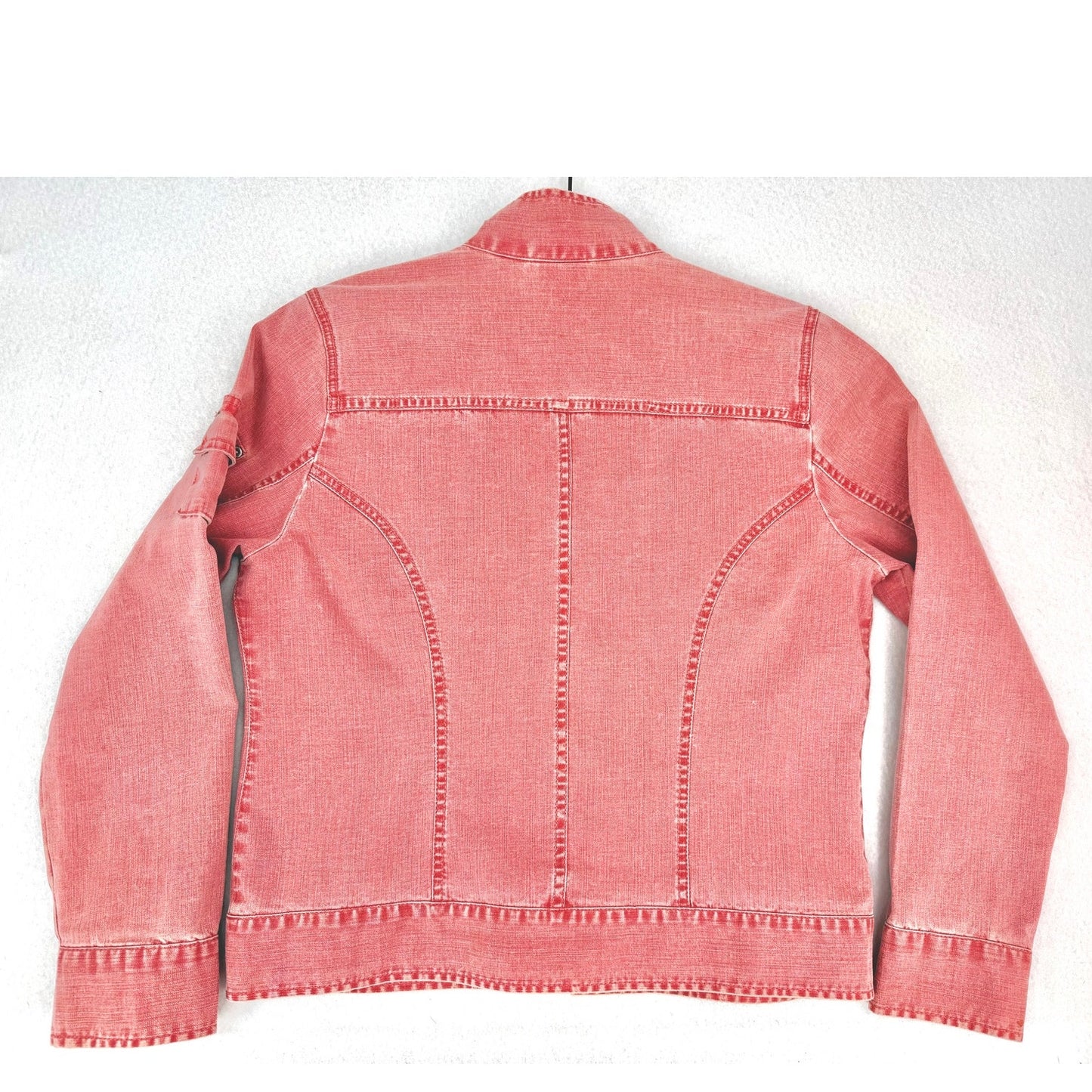 Chico's Red Coral Wash Stretch Open Front Jean Denim Trucker Jacket 0