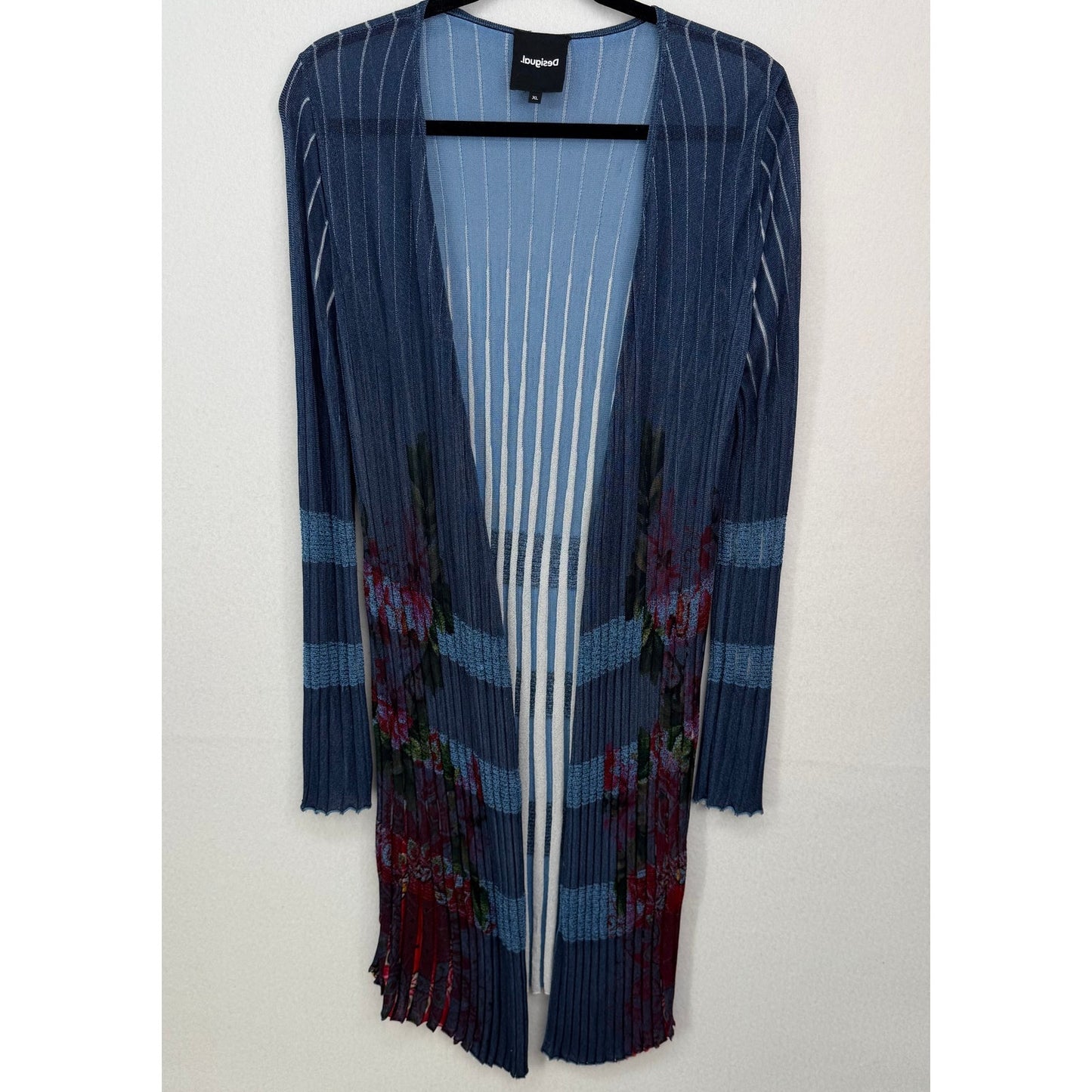 Desigual Blue Red White Pleated Open Front Cardigan Lightweight Sweater XL