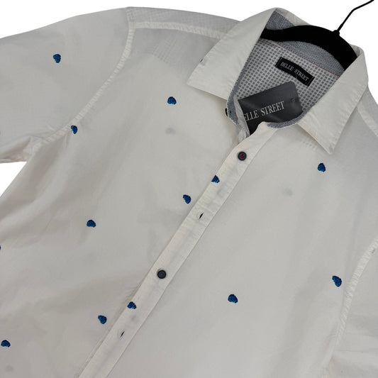 Belle Street White Blue Dot Pattern Button Up Short Sleeve Casual Shirt L NWT