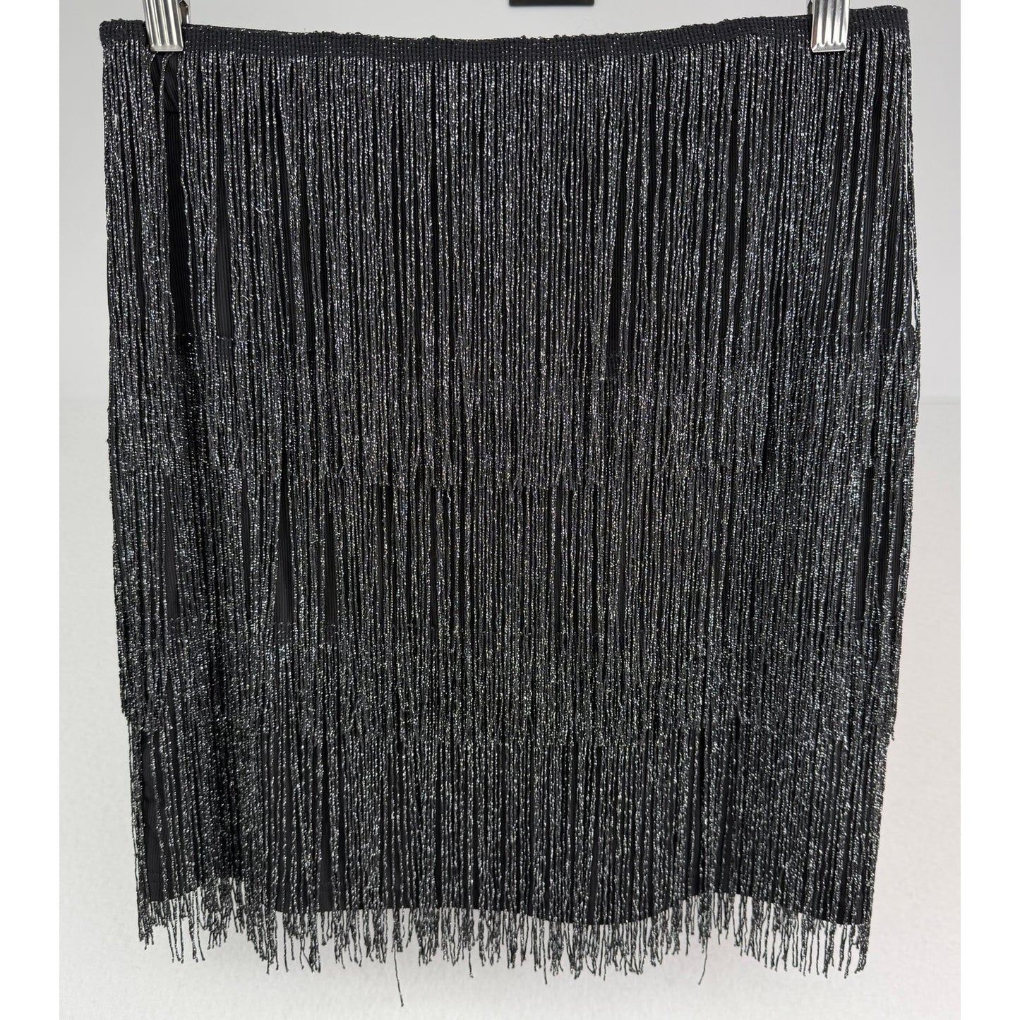Maner Black Fringe Stretchy Sparkly Bodycon Tassel Trim Mini Party Skirt L NWT