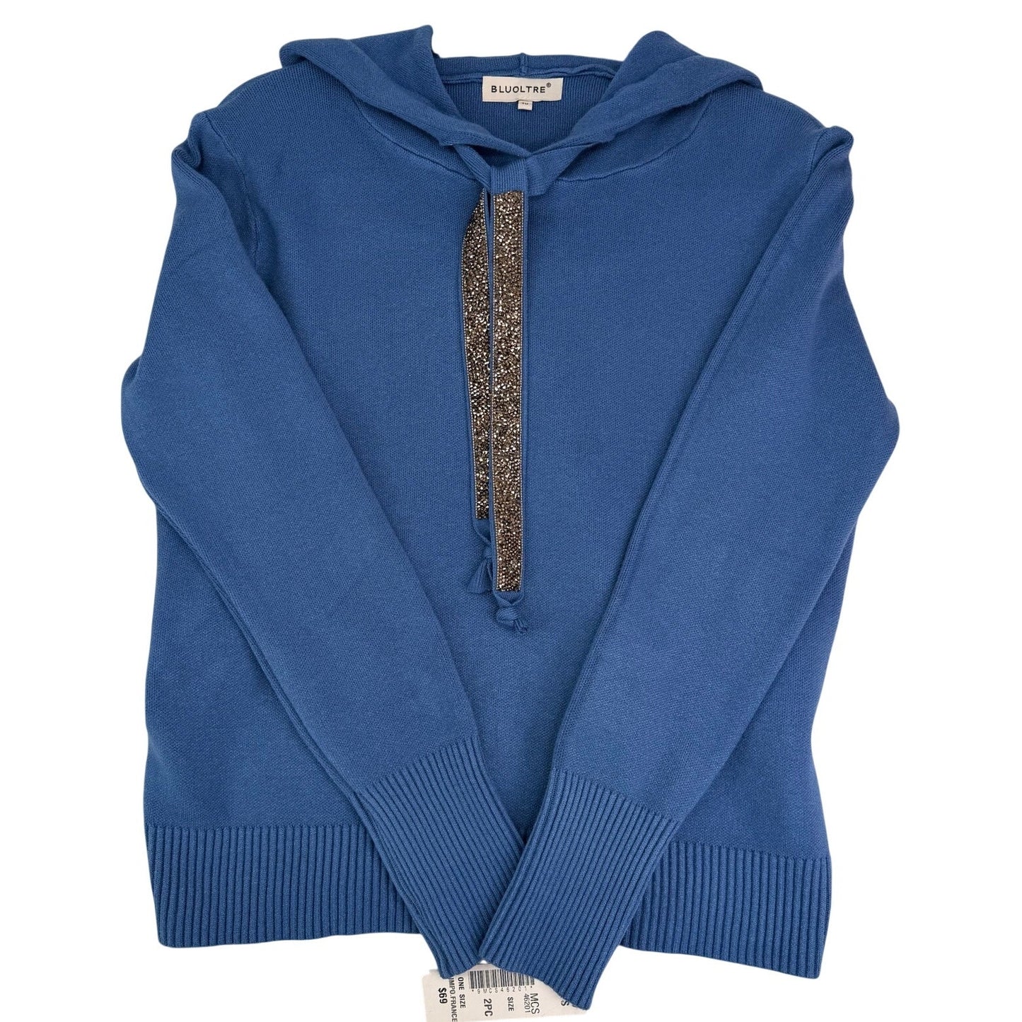 Bluoltre Blue Hooded Knit Top with Embellished Ties NWT