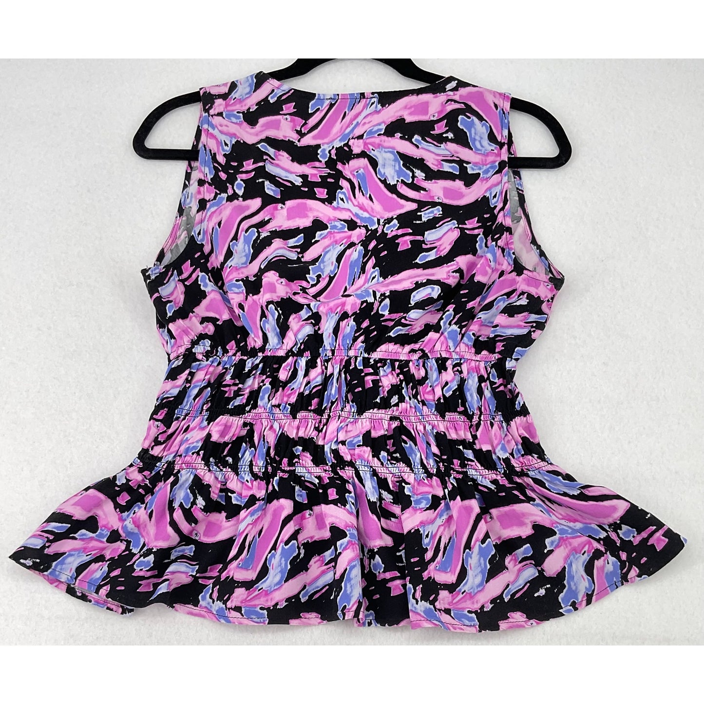 Sofia Jeans Black Pink Purple Print Smocked Waist Peplum Sleeveless Top S