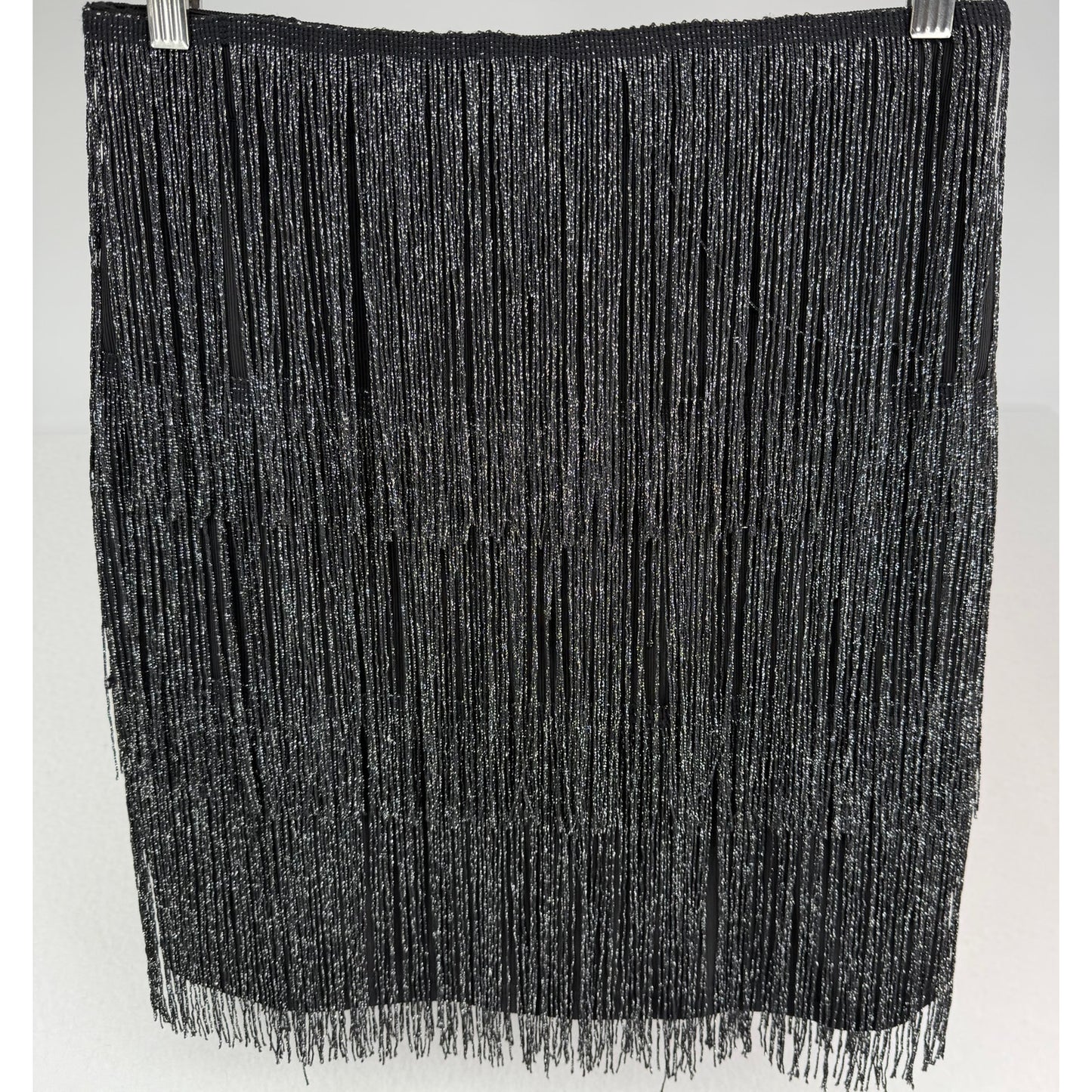 Maner Black Fringe Stretchy Sparkly Bodycon Tassel Trim Mini Party Skirt L NWT