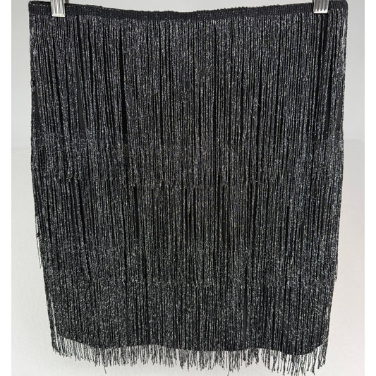 Maner Black Fringe Stretchy Sparkly Bodycon Tassel Trim Mini Party Skirt L NWT