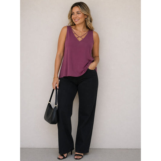 Maurices Burgundy V Neck Front Tank Top Office Party Summer  L