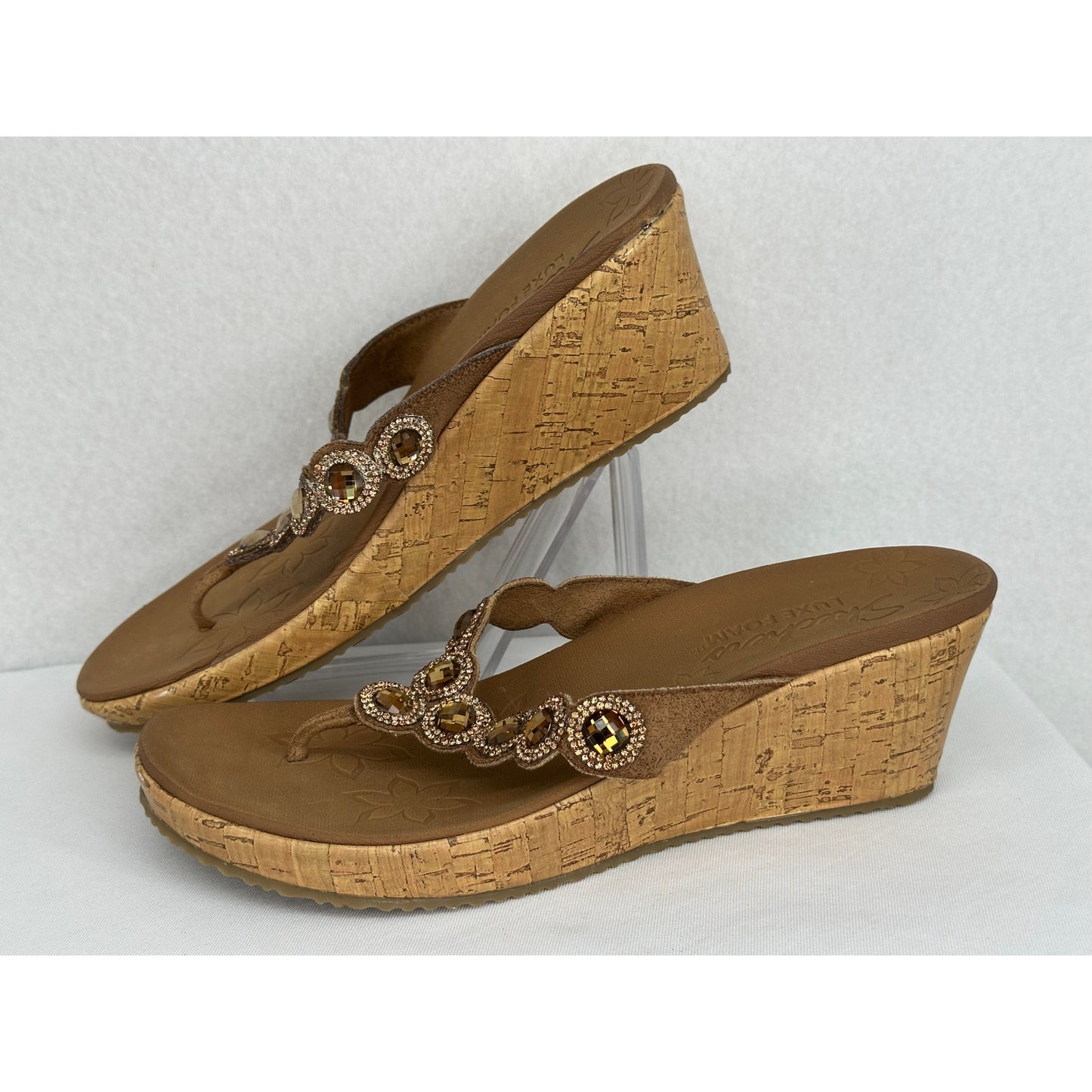 Skechers Luxe Foam Jeweled WedgeHeel  Thong Brown Sandals Beach Sandal Party 9