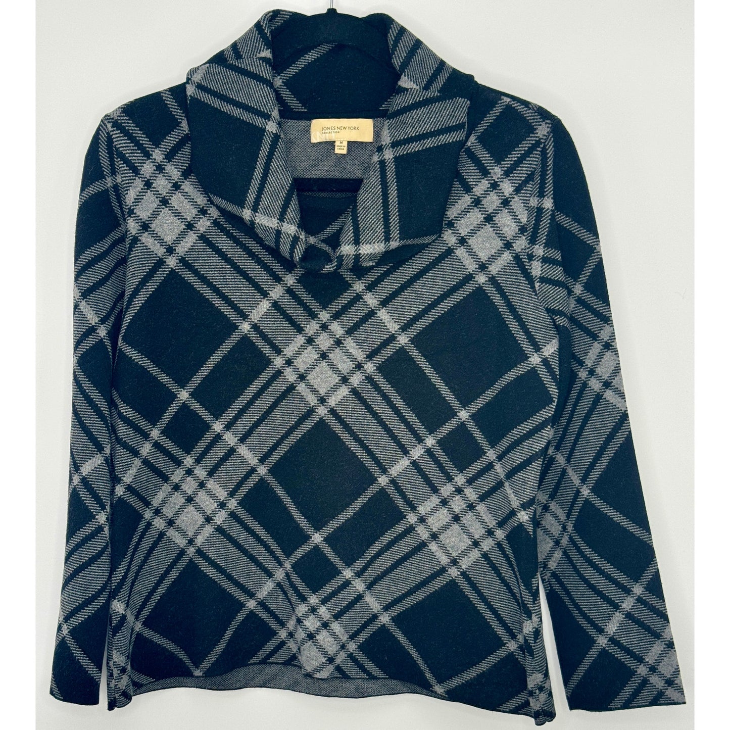 Jones New York Collection Black Gray Plaid Cowl Neck Sweater M