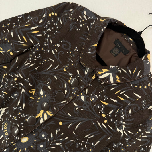 Silk Land Brown Leaf Patterned 100% Silk Button Up 3/4 Sleeve Jacket Blazer XL