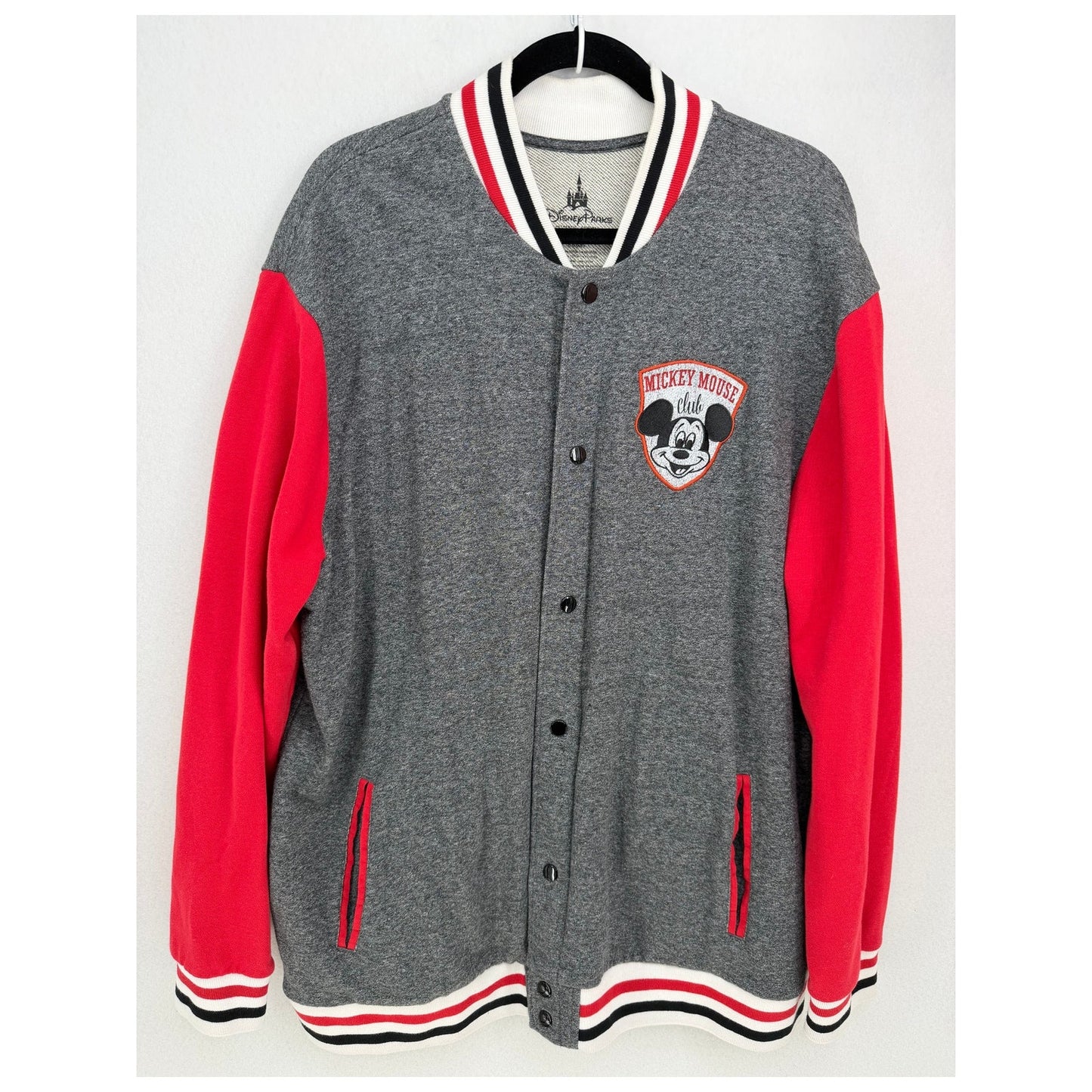 Disney Parks Mickey Mouse Club Jacket  Gray Red Varsity Snap Mens XL